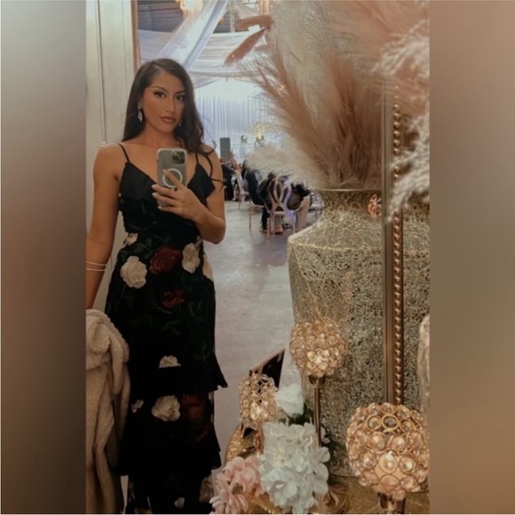 LuLus True to Heart Black Floral Embroidered Maxi Dress Rose ruffle gown Small - Picture 14 of 15